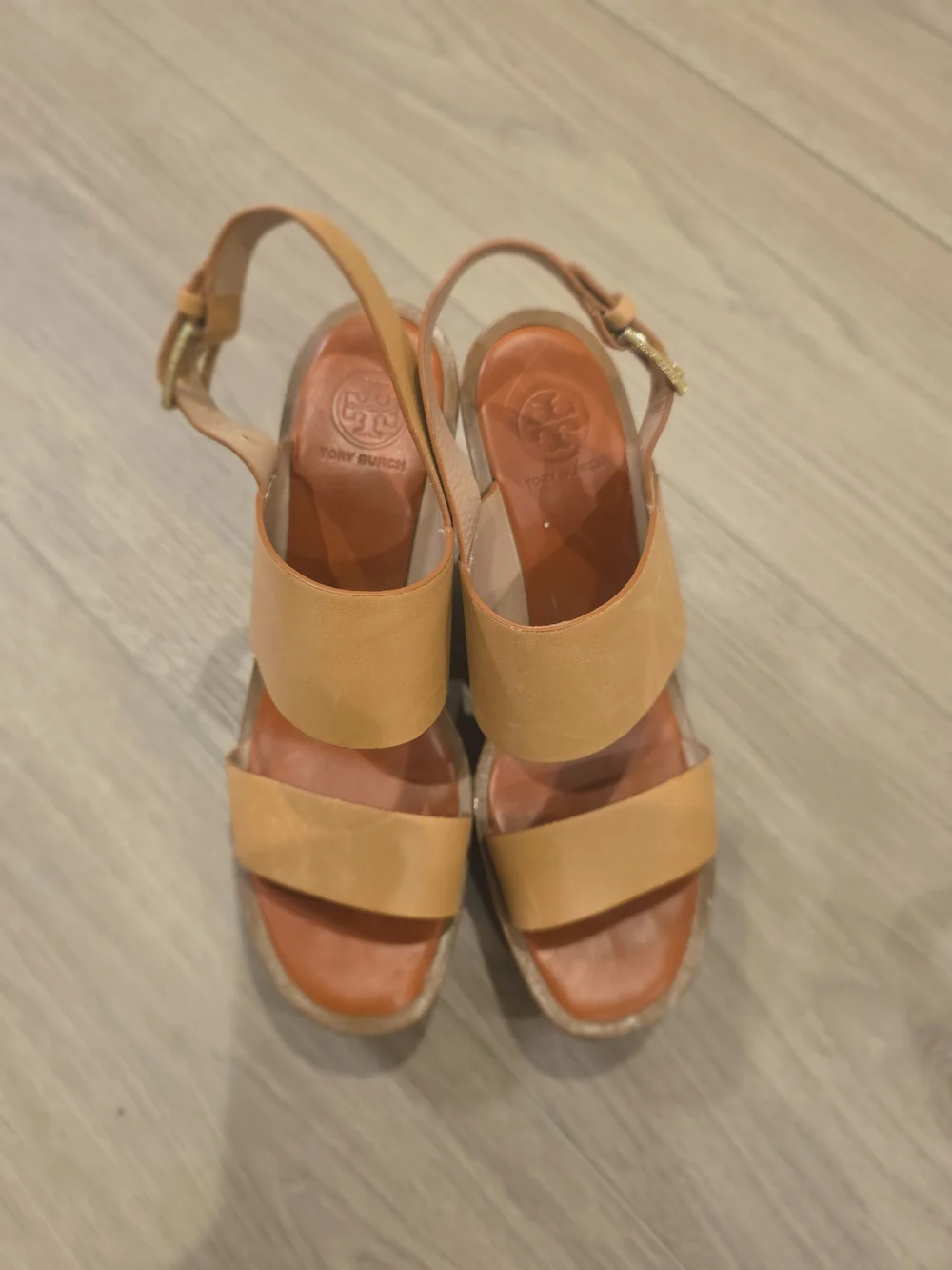 Tory Burch Tan Leather Wedge Slingback Sandals